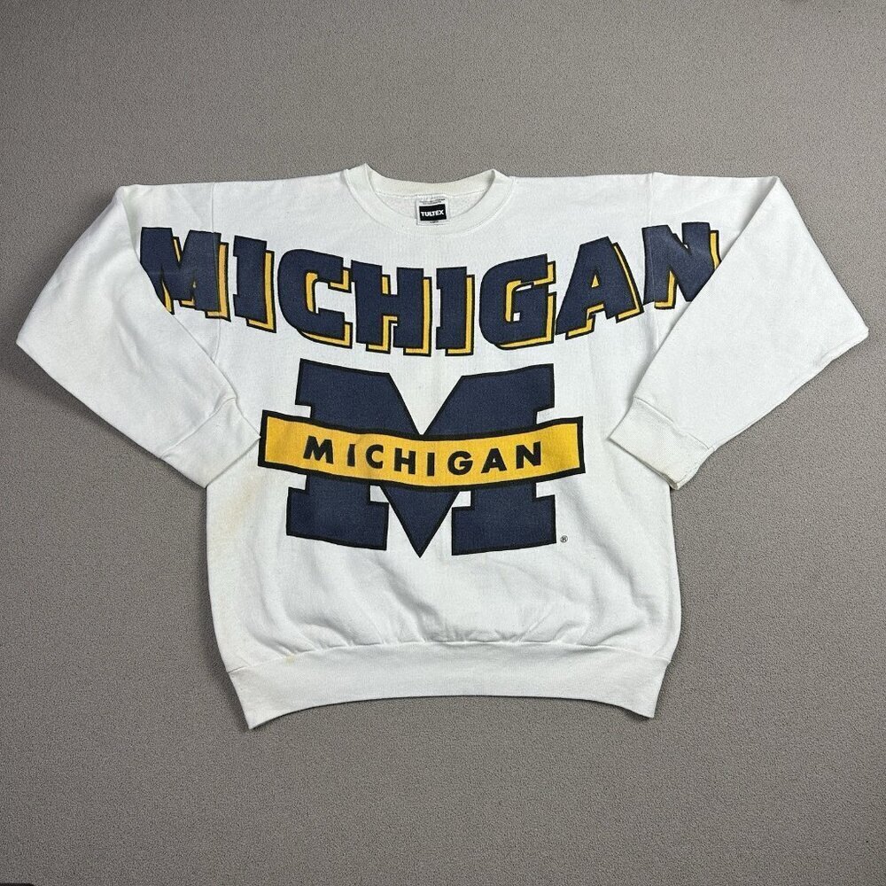 Tultex Vintage White and Navy Michigan Wolverines Sweatshirt Large